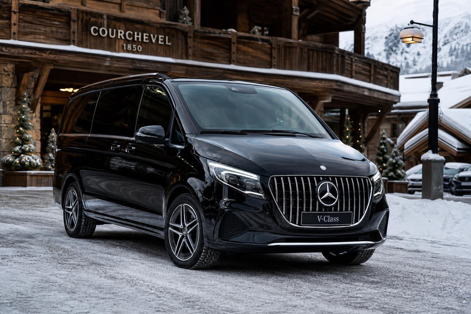 Private transfer vehicle in a snow-covered French alpine resort village